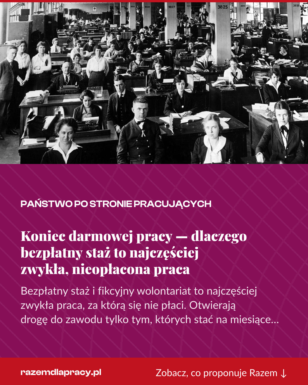 Grafika pionowa do udostępnienia: Koniec darmowej pracy — dlaczego bezpłatny staż to najczęściej zwykła, nieopłacona praca