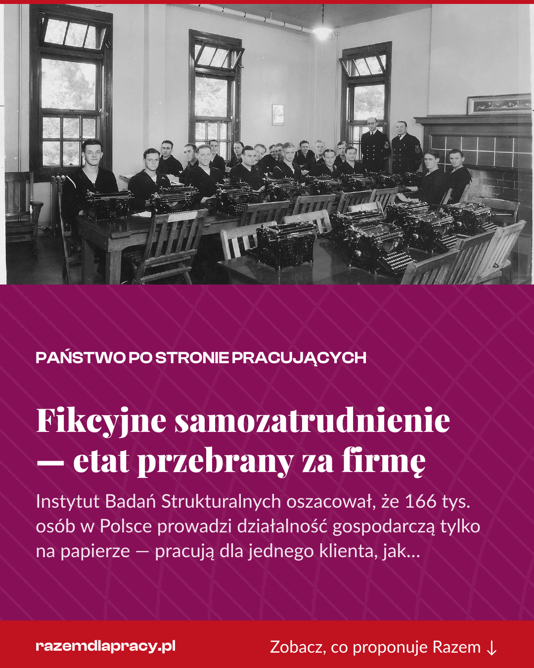 Grafika pionowa do udostępnienia: Fikcyjne samozatrudnienie — etat przebrany za firmę