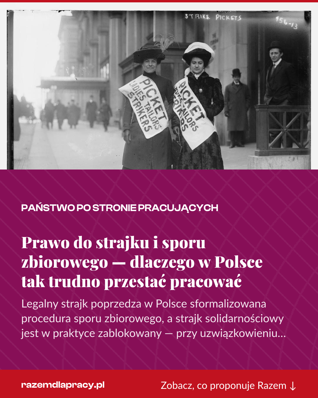 Grafika pionowa do udostępnienia: Prawo do strajku i sporu zbiorowego — dlaczego w Polsce tak trudno przestać pracować