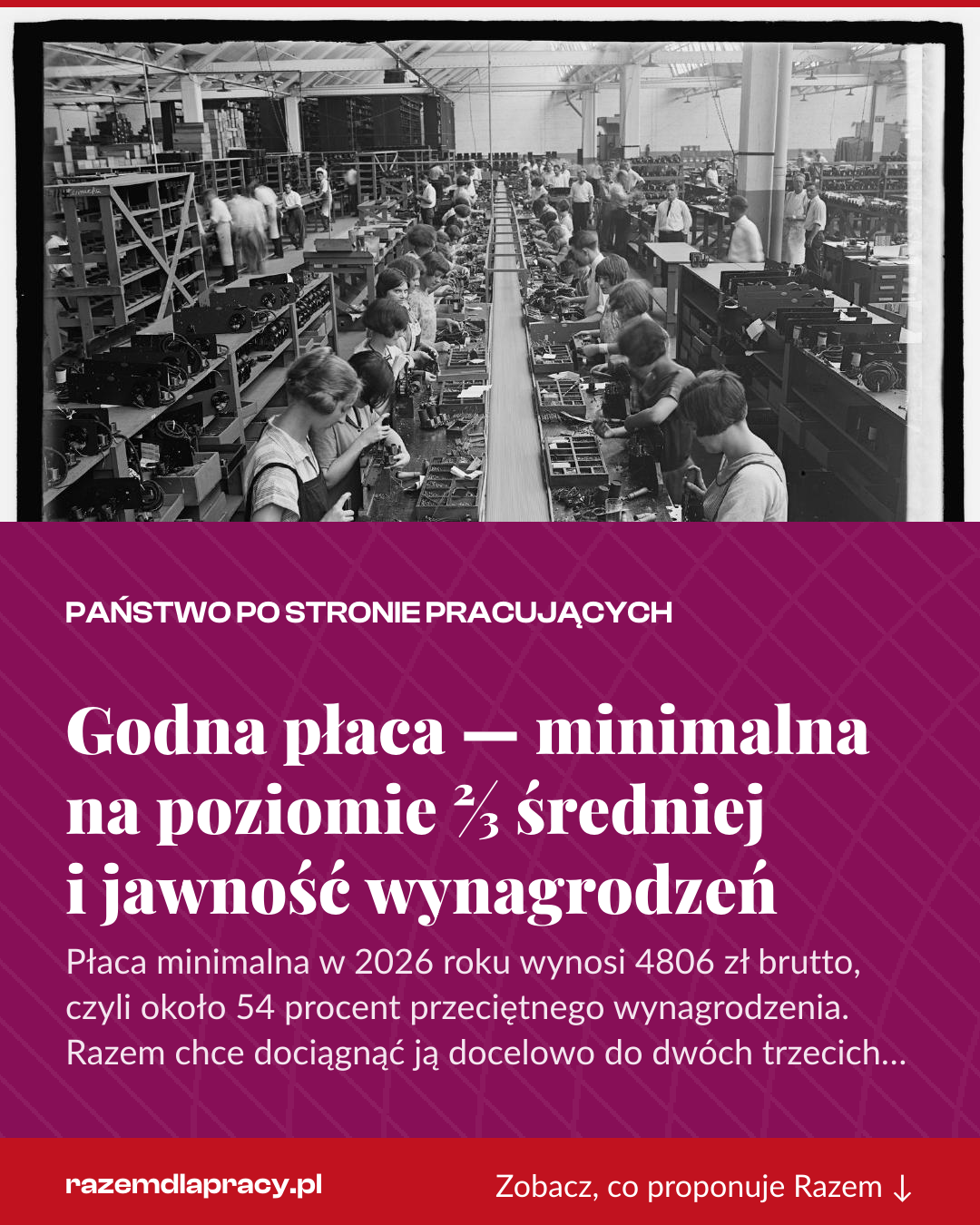 Grafika pionowa do udostępnienia: Godna płaca — minimalna na poziomie ⅔ średniej i jawność wynagrodzeń