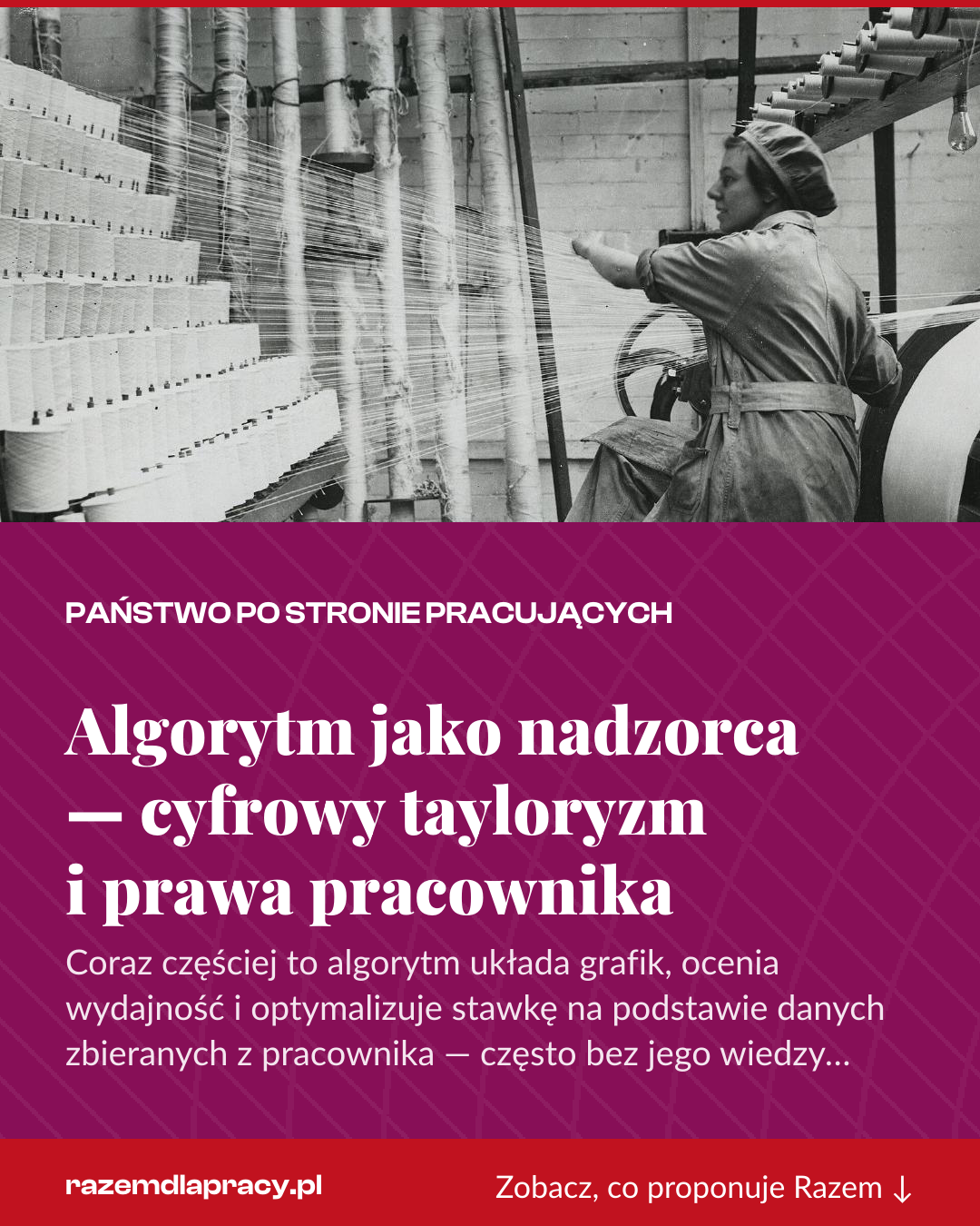 Grafika pionowa do udostępnienia: Algorytm jako nadzorca — cyfrowy tayloryzm i prawa pracownika
