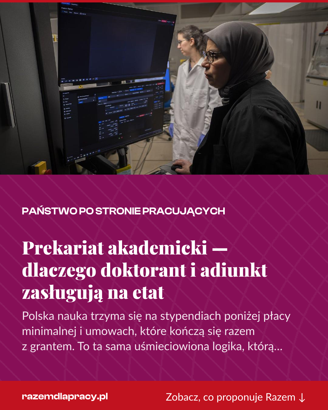 Grafika pionowa do udostępnienia: Prekariat akademicki — dlaczego doktorant i adiunkt zasługują na etat