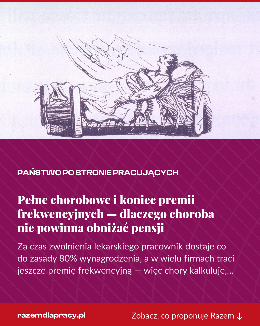 Grafika pionowa do udostępnienia: Pełne chorobowe i koniec premii frekwencyjnych — dlaczego choroba nie powinna obniżać pensji