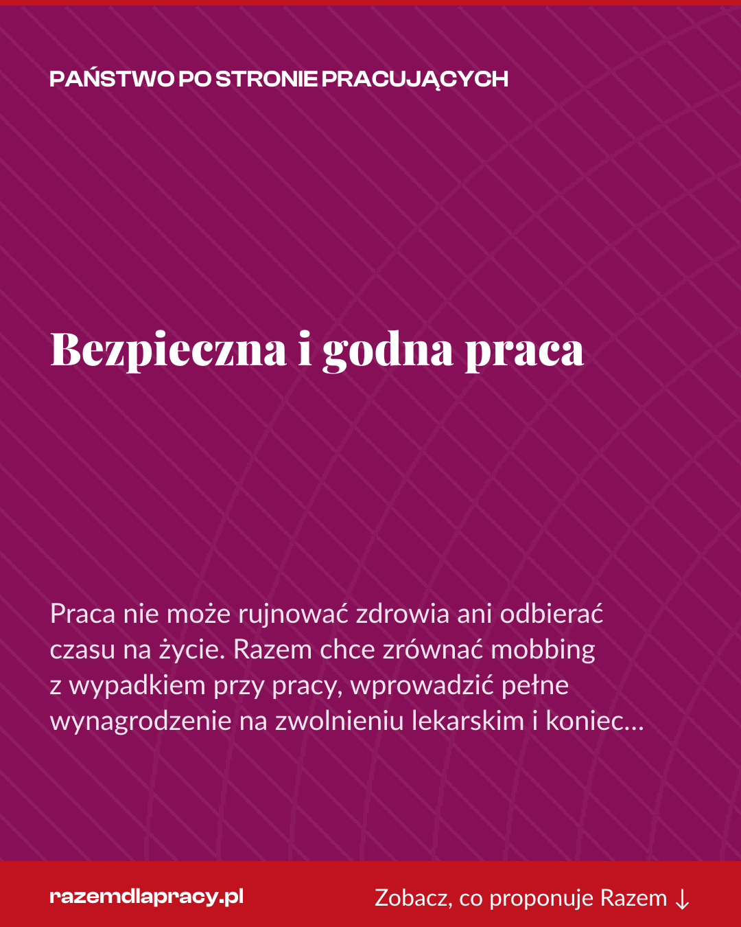 Grafika pionowa do udostępnienia: Bezpieczna i godna praca